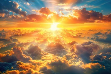 Poster - Sun shining brightly above fluffy white clouds, suitable for weather or nature concepts