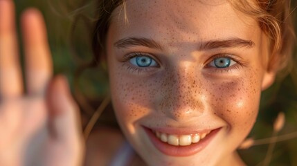 Poster - Close-up portrait of a person with freckles. Suitable for beauty or skincare concepts