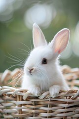 Aufkleber - A small white rabbit sitting in a basket. Suitable for Easter-themed designs