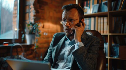 Poster - A man sitting in a chair talking on a cell phone. Suitable for business or technology concepts
