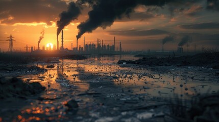 Poster - Industrial factory with smoke at sunset. Suitable for industrial, environmental, and urban themes