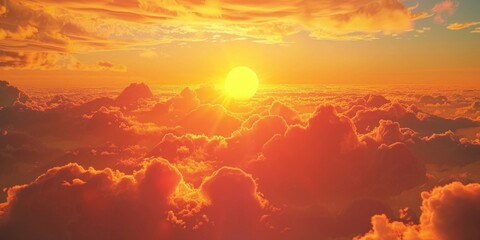 Poster - A scenic view of the sun setting over fluffy clouds. Suitable for various projects