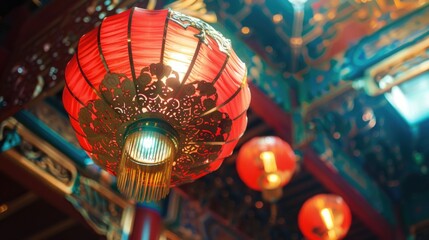 Aufkleber - A red lantern hanging from the ceiling of a building. Suitable for interior design concepts