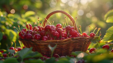 Poster - Fresh cherries in a basket on green grass. Perfect for summer fruit concepts