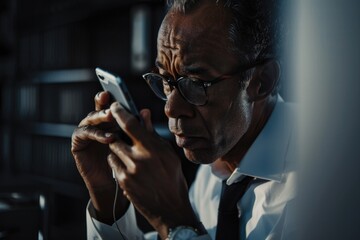 Aufkleber - A man in a white shirt and tie looking at a cell phone. Suitable for business and technology concepts