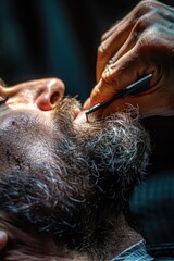 Poster - Professional barber cutting man's hair, suitable for barbershop or grooming concepts