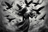 Fototapeta  - A flock of crow flying around a woman with black dress. The scene depicting anxiety, depression, loneliness, nightmare or heavy burden.