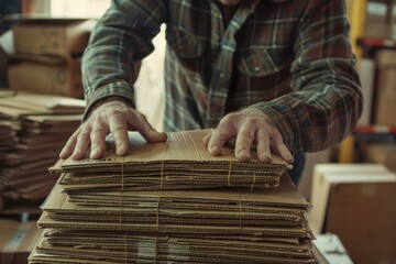 Poster - A man in a plaid shirt stacking boxes. Suitable for logistics and storage concepts