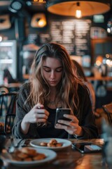 Aufkleber - A woman sitting at a table looking at her phone. Suitable for technology and lifestyle concepts