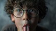 A young boy with glasses sticking out his tongue. Suitable for various educational and fun-themed projects