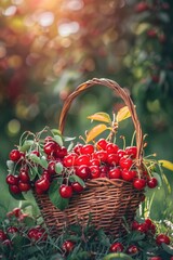 Poster - Fresh cherries in a rustic basket, perfect for food and nature concepts
