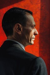 Poster - A man in a suit and tie standing in front of a red wall. Perfect for business concept designs