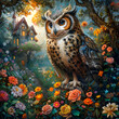 Whimsical Owl Standing Among Vibrant Garden Flowers with a Quaint Cottage in a Fairytale Forest