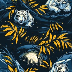 Poster - White tigers laying on top of a lush green forest, perfect for wildlife and nature concepts