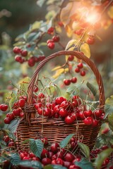 Poster - Ripe cherries in a basket on a tree, perfect for food and agriculture concepts