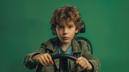 Poster - Young boy playing with toy car on green background. Perfect for children's toys advertisement