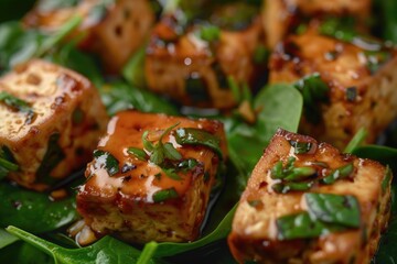 Aufkleber - Close up of a plate of food with tofu. Suitable for food blogs and vegan recipes