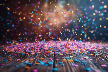 Poster - A dynamic explosion of multicolored confetti creates a festive and lively scene on a rustic wood backdrop