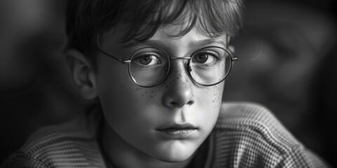 Wall Mural - A black and white photo of a young boy wearing glasses, suitable for various projects
