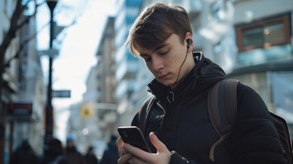 Poster - A young man looking at his cell phone. Can be used for technology and communication concepts