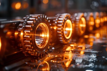 Poster - Detailed close-up of precision metal gears with warm golden light reflections in an industrial setting