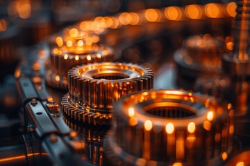 Poster - Close-up view of shiny metal gears showcasing the complexity and design in industrial machinery