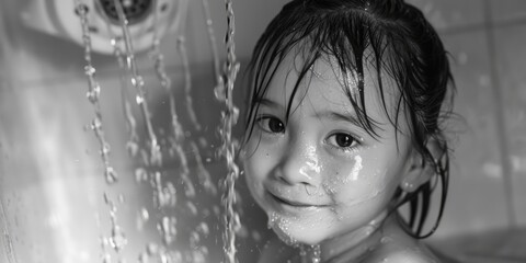Poster - A young girl standing under a shower. Suitable for hygiene or personal care concepts