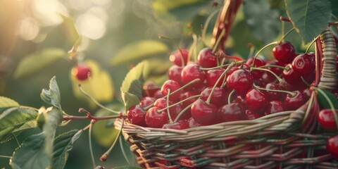 Poster - Fresh cherries hanging from a tree, perfect for food and agriculture concepts