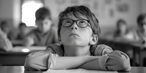 Poster - A young boy with glasses sitting at a desk in a classroom. Suitable for educational themes