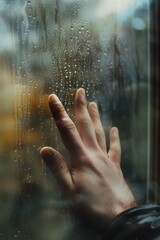 Poster - A person's hand on a window with water droplets. Suitable for various concepts and designs