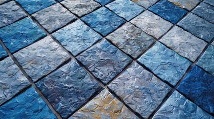 Poster - Detailed view of a blue and yellow tiled floor, suitable for interior design projects