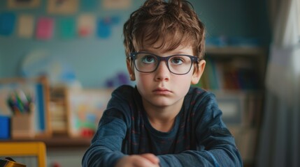 Sticker - A young boy wearing glasses sitting at a table. Suitable for educational and school-related themes