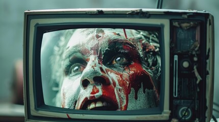 Poster - Close up of a television displaying a zombie face. Suitable for horror or Halloween themes