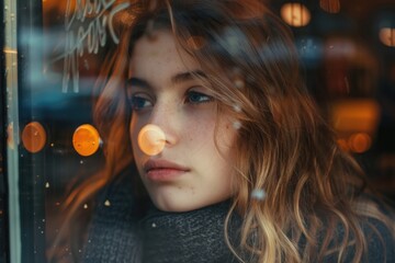 Poster - Woman looking out of window at night, suitable for lifestyle or contemplation concepts