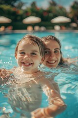 Poster - A woman and child enjoying a swim, perfect for family vacation brochures