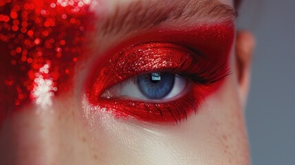 Poster - Close up of a woman's eye with red glitter, perfect for beauty and makeup concepts