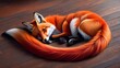   A painting of a red fox curled up on a dark wood floor