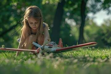 Poster - A little girl playing with a toy airplane in the grass. Suitable for children's education or travel concepts