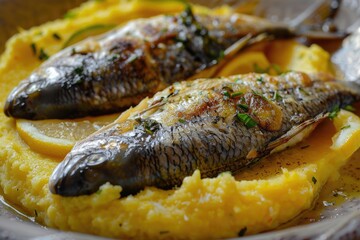 Poster - Two fish sitting on top of a plate of food. Suitable for food blogs or seafood restaurants