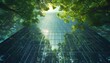 Exemplifying the ESG - Environmental, Social, Governance concept, a corporate glass building facade reflects green trees. Importance of integrating sustainability into business practice. Generative