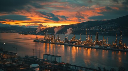 Poster - A stunning view of a large oil refinery at sunset. Perfect for industrial concepts