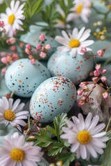 Poster - A bunch of eggs sitting on top of a bed of flowers. Perfect for Easter decorations