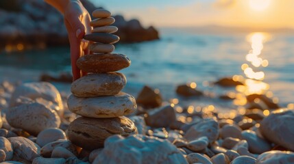 Poster - Person stacking rocks on a beach at sunset. Suitable for travel and relaxation concepts