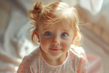 Poster - A little girl sitting on top of a bed. Suitable for family and lifestyle concepts