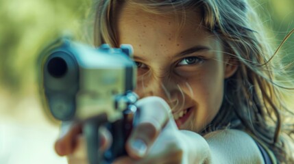Poster - A young girl holding a gun, suitable for crime or self-defense concepts