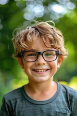 Wall Mural - A young boy with glasses smiling at the camera. Suitable for educational and lifestyle concepts