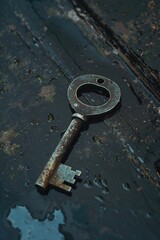 Poster - Old rusty key laying on the ground, suitable for vintage design projects