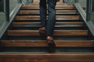 Poster - A man in a suit climbing a staircase. Suitable for business concepts
