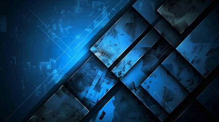 Poster - A blue background with a pattern of squares. The squares are of different sizes and are arranged in a way that creates a sense of depth and movement. 