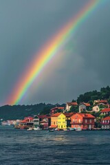 Poster - A beautiful rainbow over a city reflected in the water. Suitable for travel brochures or cityscape backgrounds